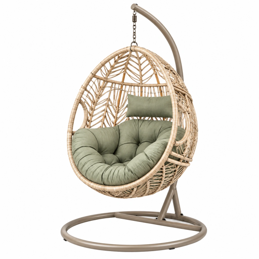Hängesessel 105 x 105 x 195 cm Rattan Natur Grün mit Metallgestell für Innenbereiche
