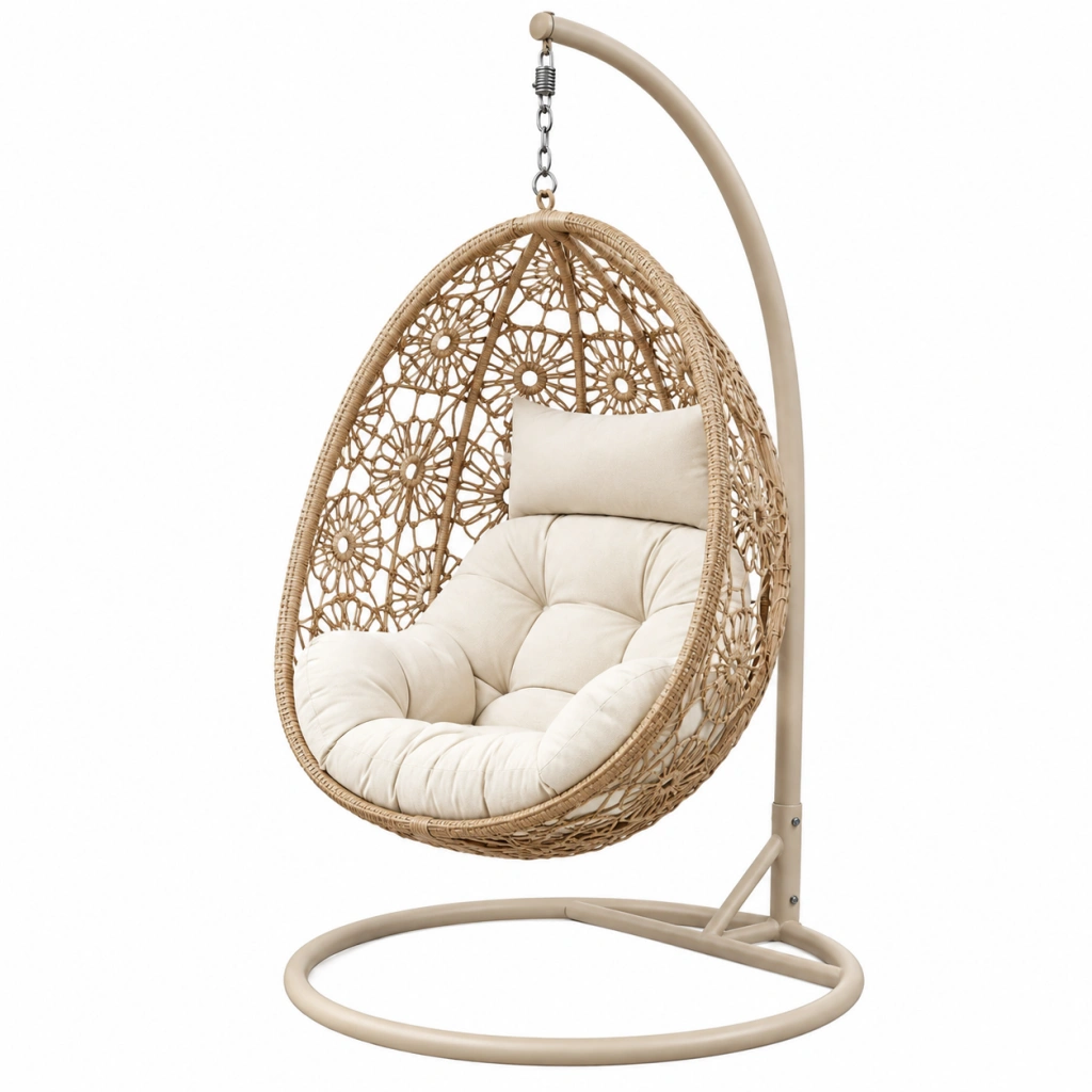 Hängesessel 105 x 105 x 195 cm Rattangeflecht Natur Beige mit Metallgestell für Wohnbereich Boho Schaukelstuhl