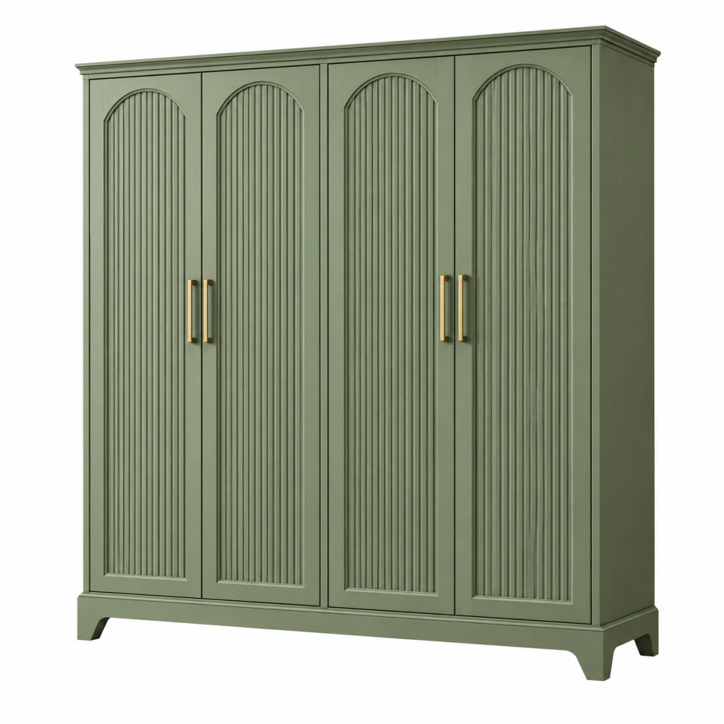 Kleiderschrank 200 x 60 x 200 cm Holzwerkstoff Grün mit 4 Türen geriffelter Front im klassischen Stil