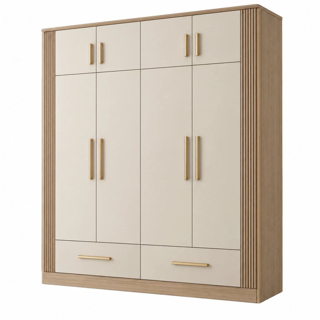Kleiderschrank 160 x 55 x 200 cm Holzwerkstoff Beige Eichefarben mit 4 Türen 2 Schubladen und Rillenoptik