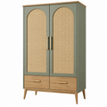 Kleiderschrank 90 x 45 x 180 cm aus Holzwerkstoff Olivgrün mit Rattangeflecht und Schubladen