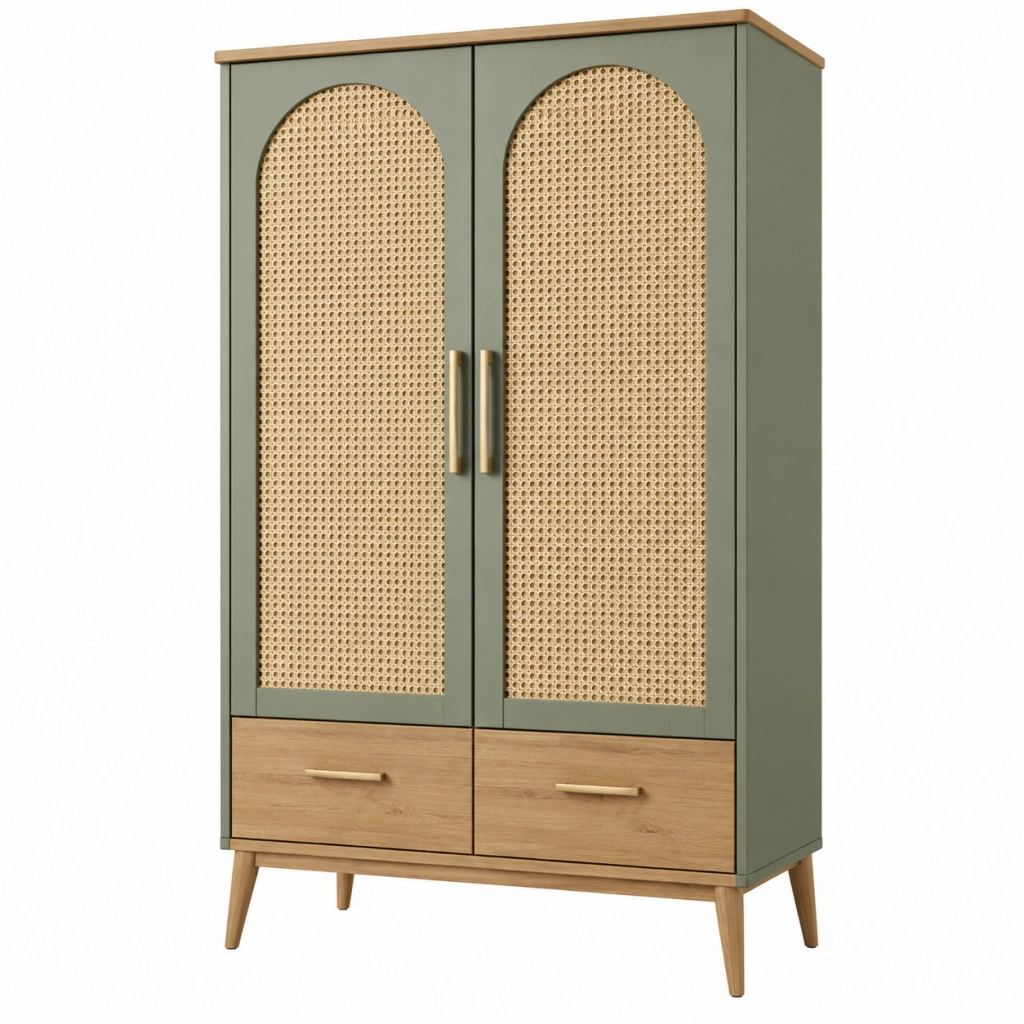 Kleiderschrank 90 x 45 x 180 cm aus Holzwerkstoff Olivgrün mit Rattangeflecht und Schubladen