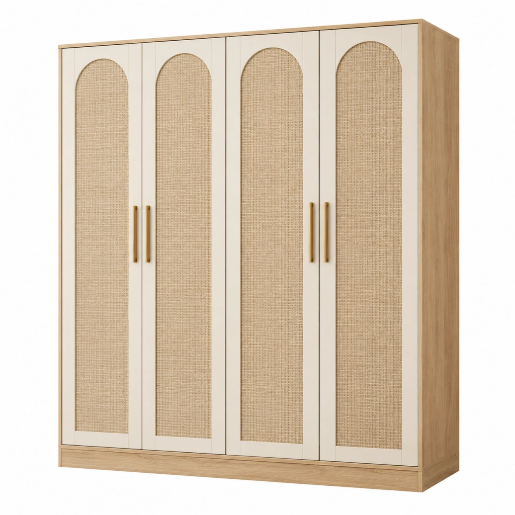 Kleiderschrank 200 x 60 x 220 cm Holzwerkstoff Beige mit Rattangeflecht 4 Türen Boho
