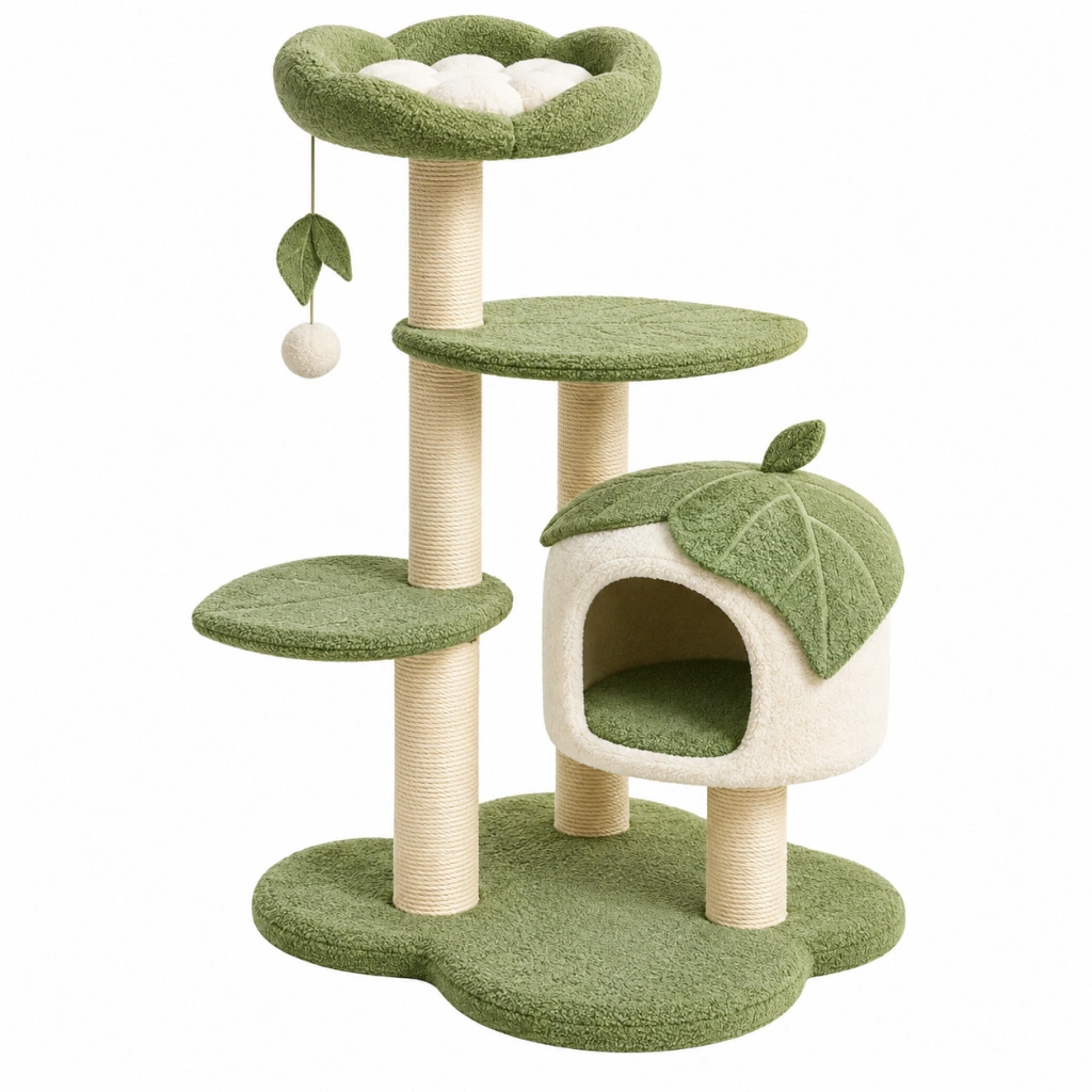 Kratzbaum 70 x 50 x 140 cm Grün Creme mit Sisalstämmen Katzenhöhle Liegeflächen und Spielzeug