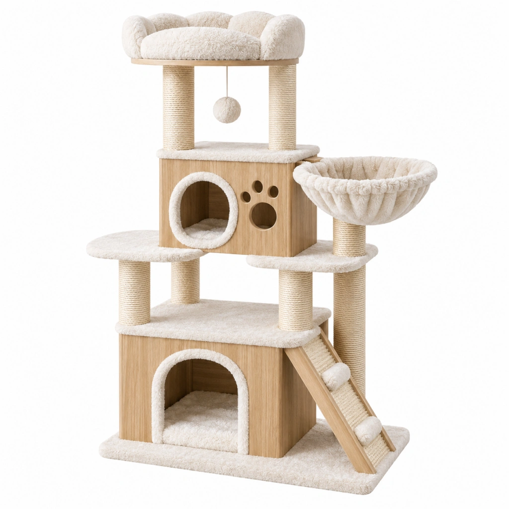 Kratzbaum 60 x 50 x 135 cm Holz Beige Creme mit Sisalstämmen Höhlen und Hängematte