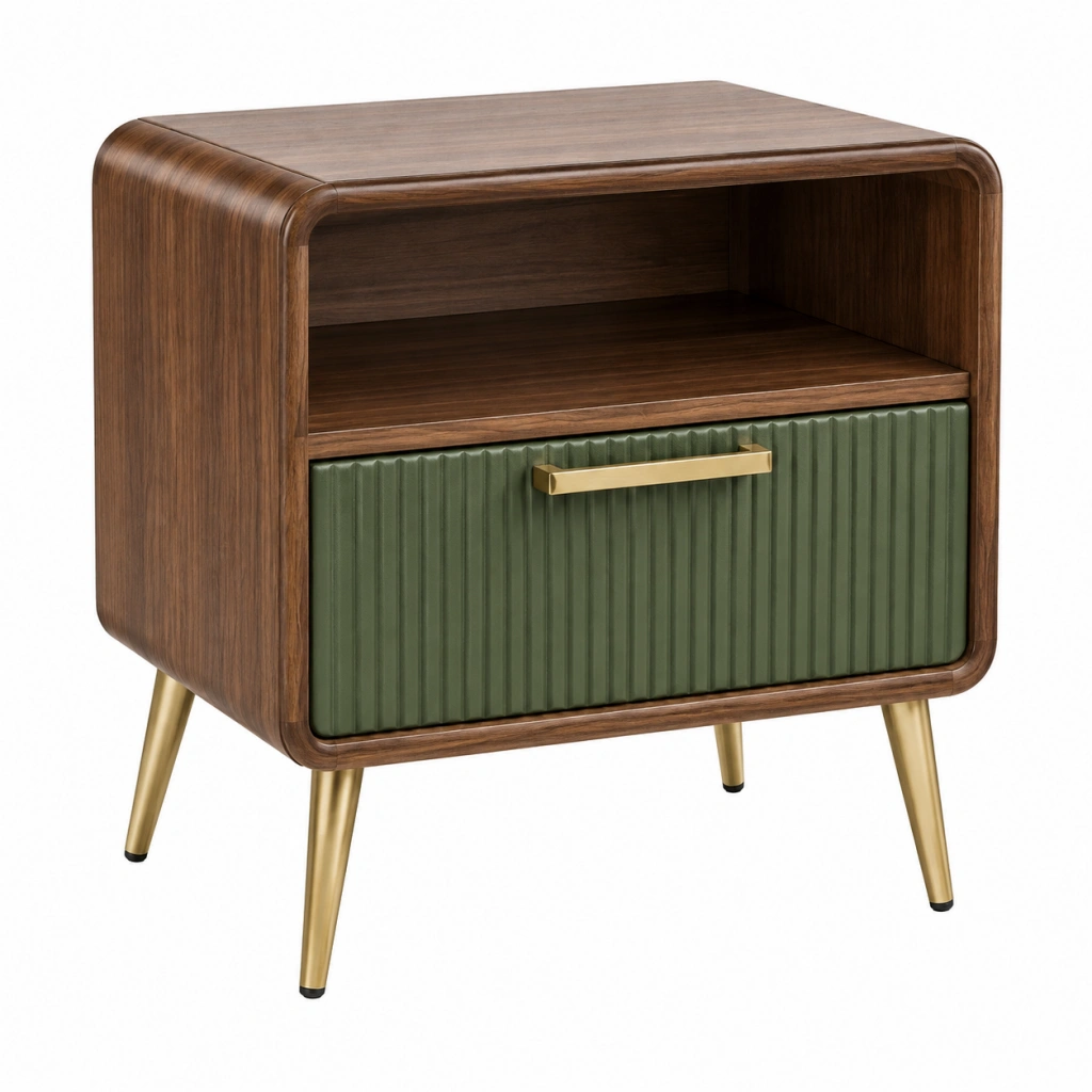 Nachttisch 50 x 40 x 60 cm aus Holzwerkstoff in Walnussgrün mit Schublade im Retro-Stil
