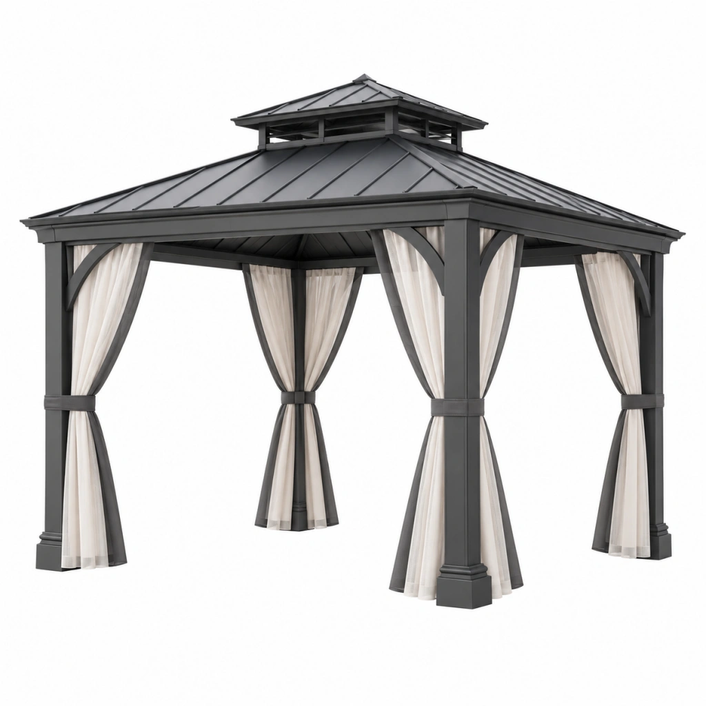 Pavillon 300 x 300 cm Metall Anthrazit mit Vorhängen und Dach