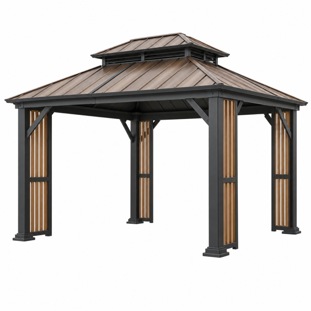 Gartenpavillon 300 x 300 cm aus Metall und Holz in Schwarz Braun mit belüftetem Doppeldach