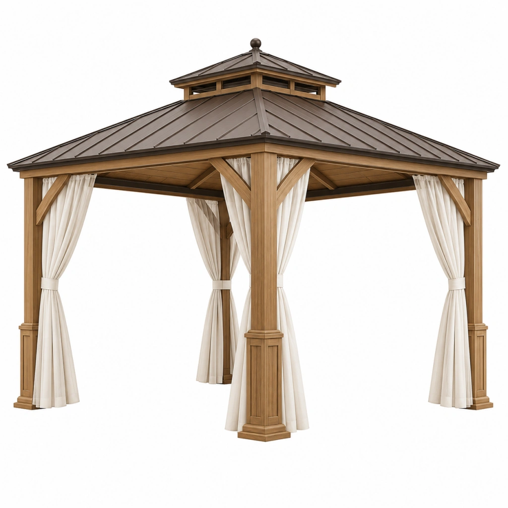 Gartenpavillon 300 x 300 x 300 cm Holz Braun mit Metall-Dach und Vorhängen klassischer Außenpavillon