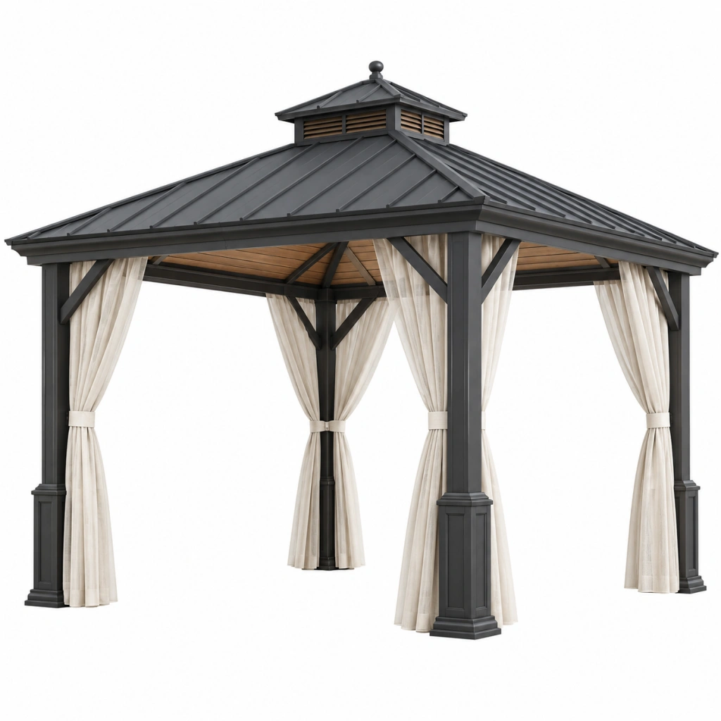 Gartenpavillon 300 x 300 cm Anthrazit Metall mit Vorhängen und Belüftungsdach