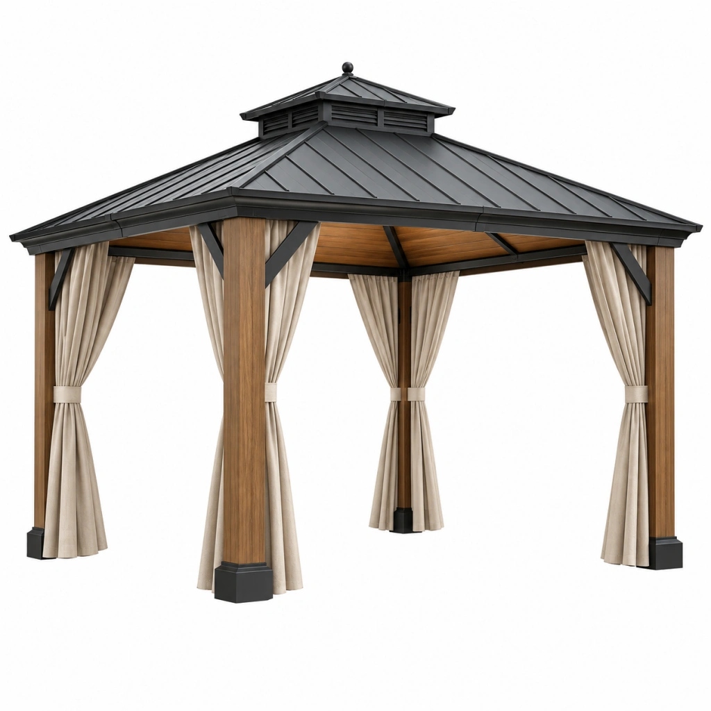 Pavillon 300 x 300 x 290 cm aus Holz und Metall in Braun Schwarz mit Vorhängen