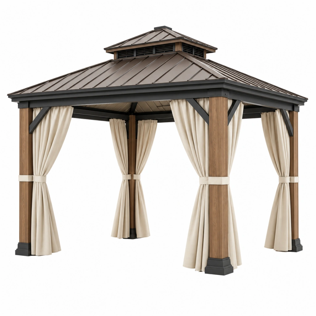 Gartenpavillon 300 x 300 cm Holzoptik Metall Beige mit Vorhängen