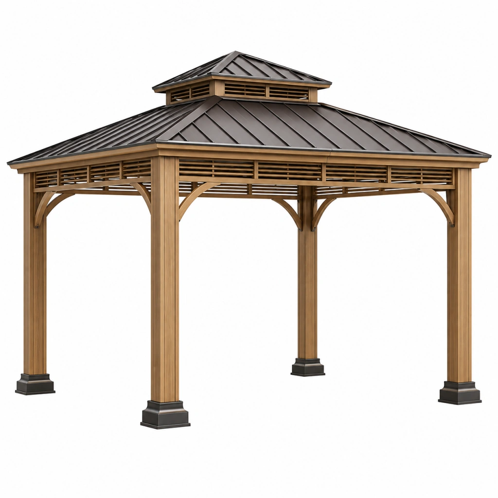 Gartenpavillon 300 x 300 x 320 cm Holz Braun Metall Anthrazit mit Dach im klassischen Stil