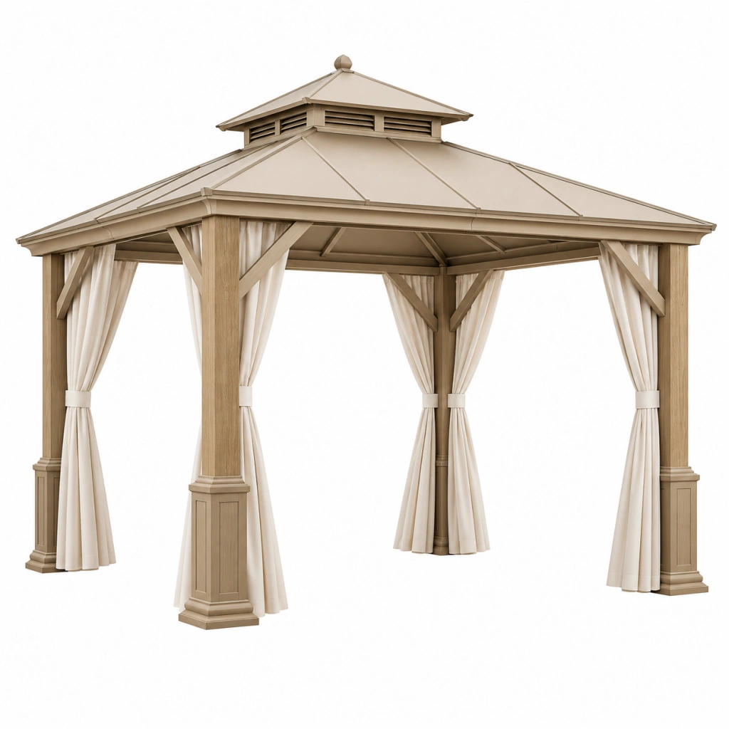 Gartenpavillon 400 x 400 x 330 cm Holz Beige mit Vorhängen und Metalldach
