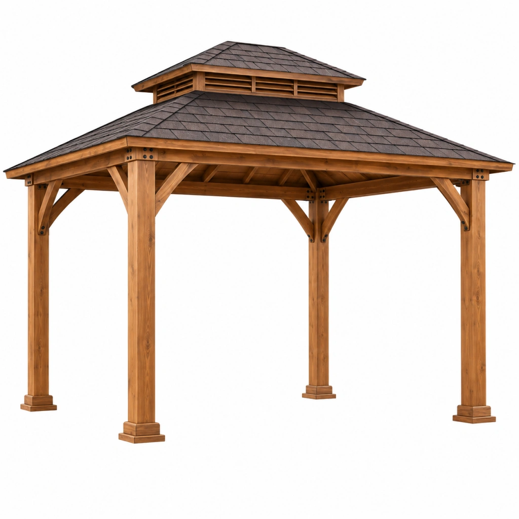 Gartenpavillon 400 x 400 cm aus Holz in Naturbraun mit Schindeldach