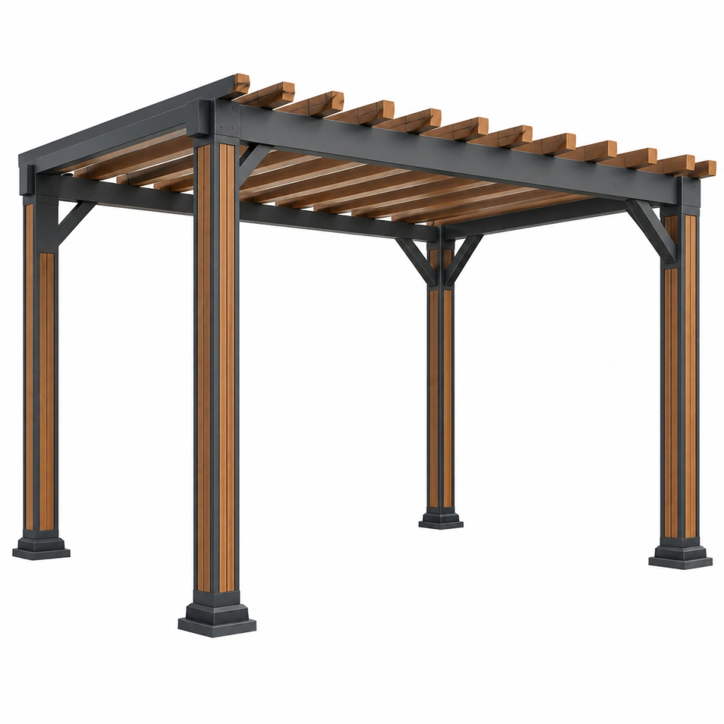 Pergola 300 x 300 x 230 cm aus Stahl und Holz in Schwarz/Braun für den Garten