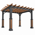 Gartenpergola 300 x 300 x 250 cm aus Stahl und Holz in Schwarz Braun mit Lattendach