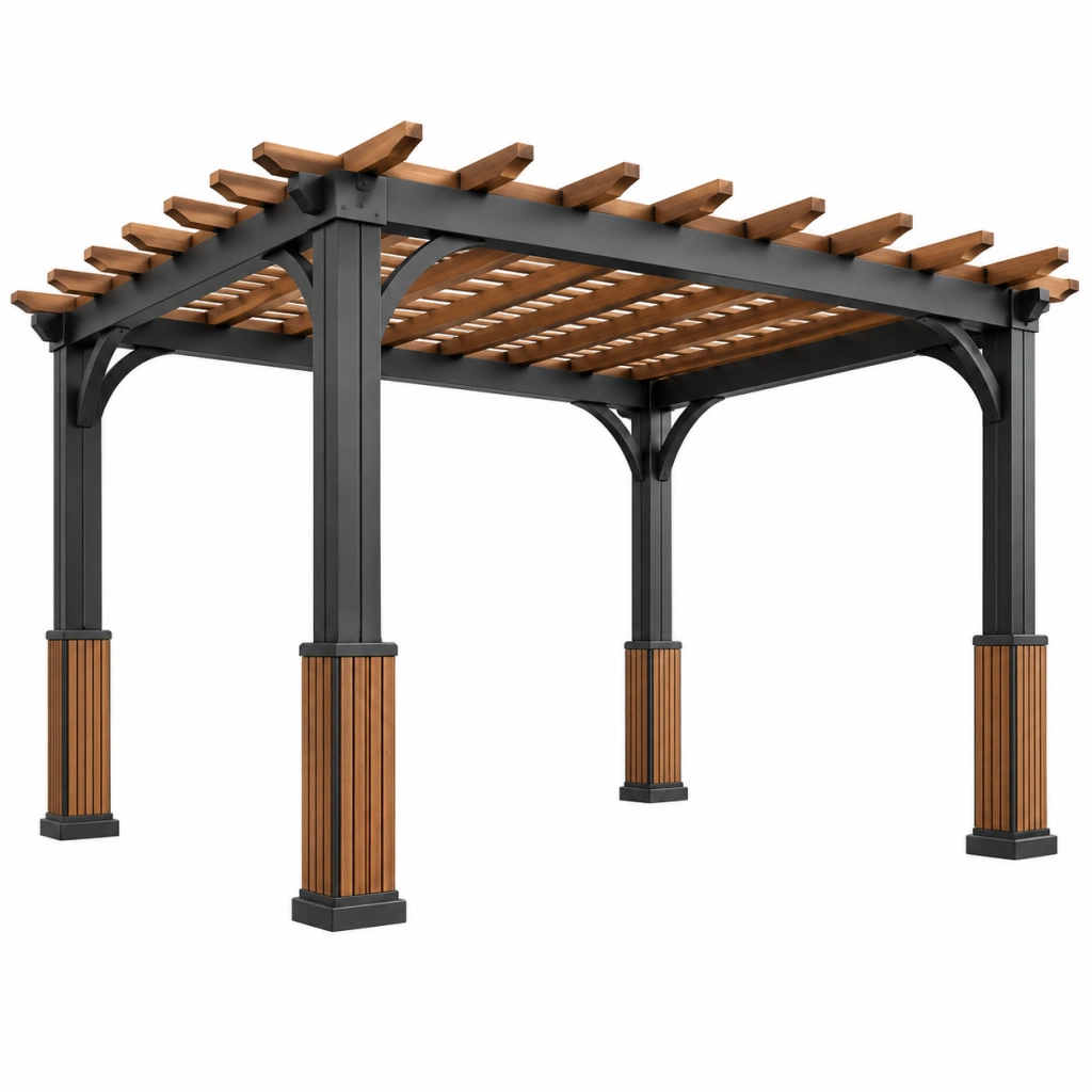 Pergola 300 x 300 x 250 cm aus Metall und Holz Braun Schwarz mit Lamellendach im modernen Stil