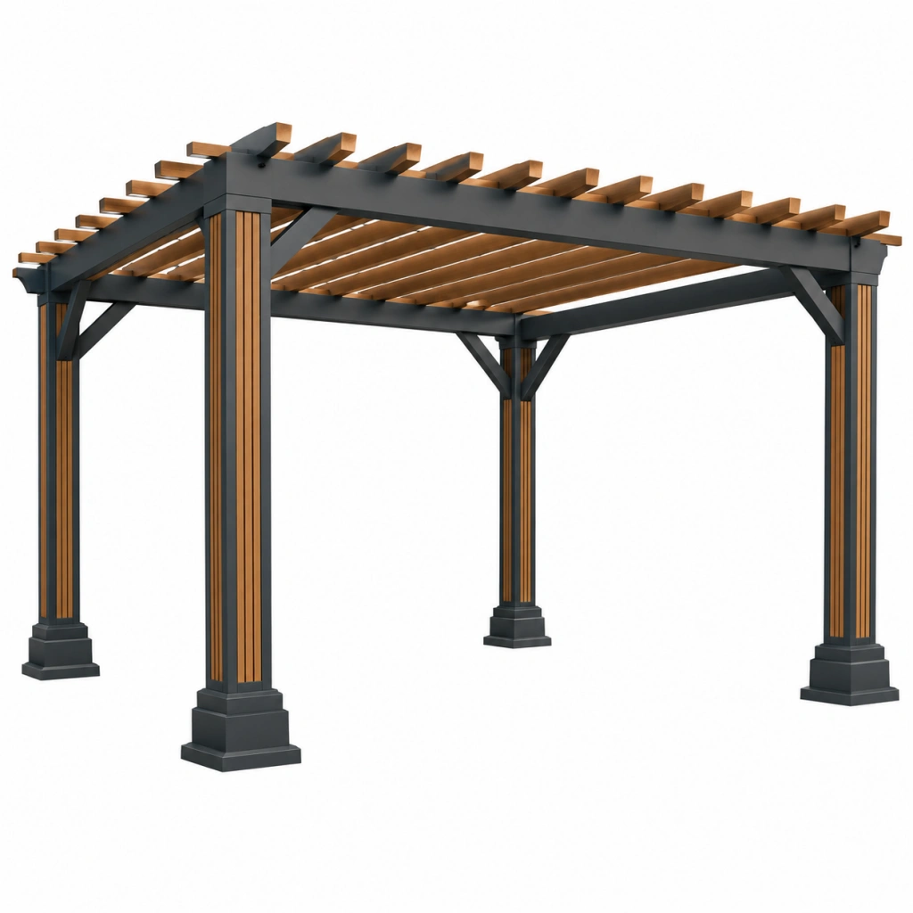 Pergola 400 x 300 x 250 cm aus Metall und Holz Schwarz Braun - freistehende Gartenüberdachung