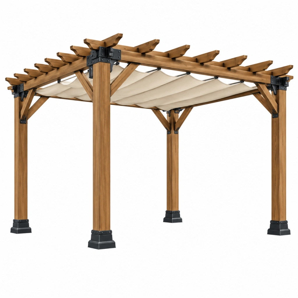 Pergola 400 x 300 cm aus Holz in Braun mit cremefarbenem Stoffdach für Terrasse und Garten