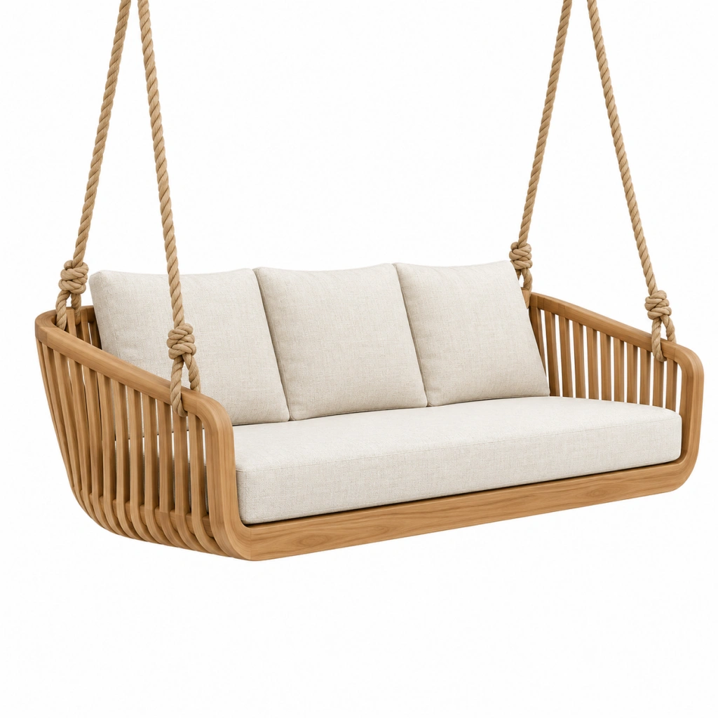 Hängesofa 160 x 75 x 65 cm aus Holz in Naturbeige mit Seilaufhängung