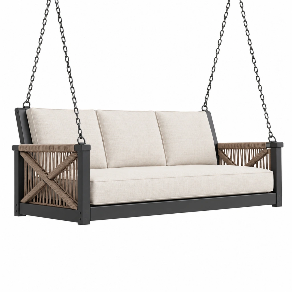 Hängesofa 180 x 75 x 65 cm Metall und Seil Beige Schwarz für Außenbereich