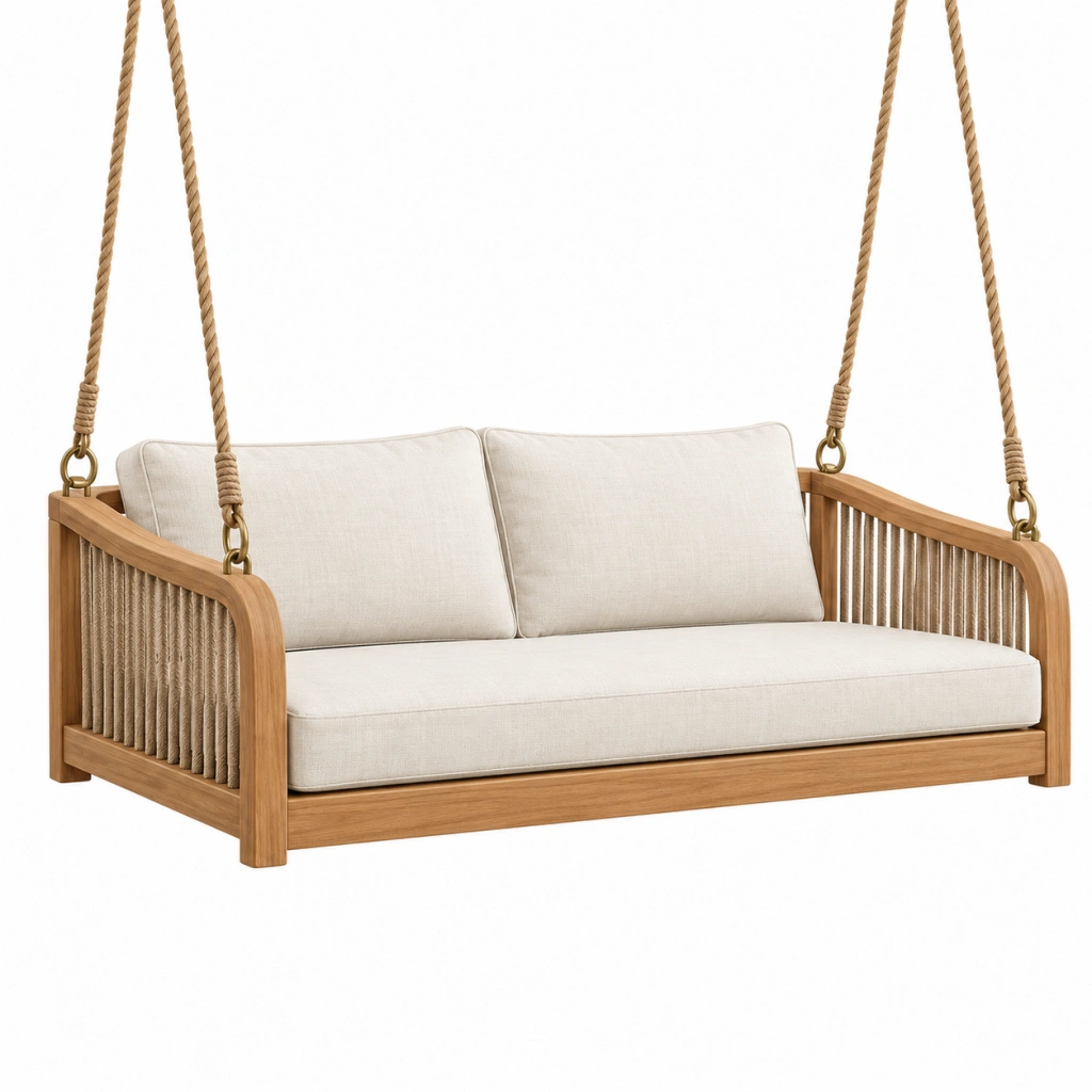 Hängesofa 150 x 75 x 70 cm Holz Beige für Innenbereich und überdachten Außenbereich mit Seilaufhängung