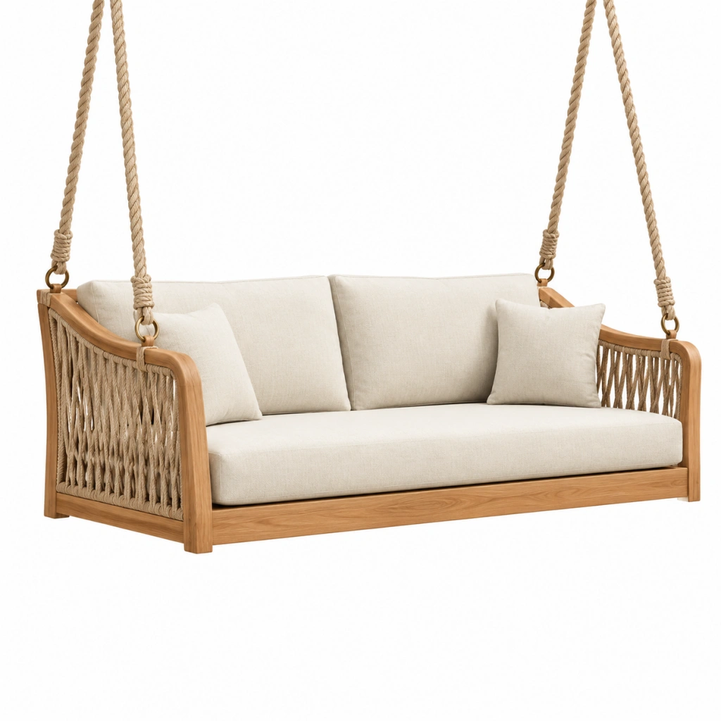 Hängesofa 160 x 75 x 65 cm aus Holz und Seil in Naturbeige - Outdoor Loungemöbel