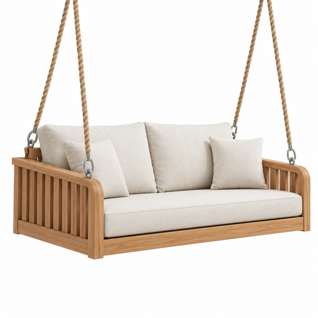 Hängesofa 180 x 80 x 70 cm aus Holz in Naturbeige mit Seilaufhängung für Außenbereiche